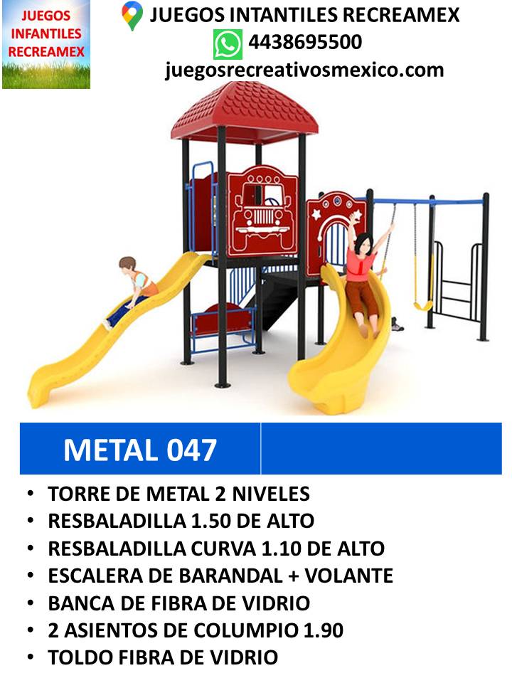 modulo de metal 2 niveles, resbaladillas, banca, columpios